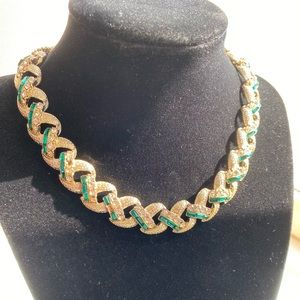 Vintage gold tone faux diamond and faux emerald necklace